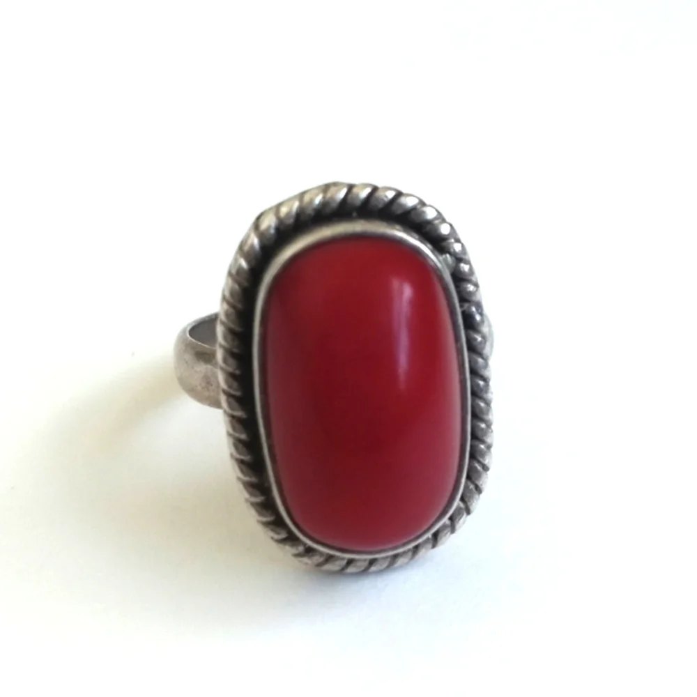 Vintage Red Coral Gemstone 925 Sterling Silver Ring from India Size 7
